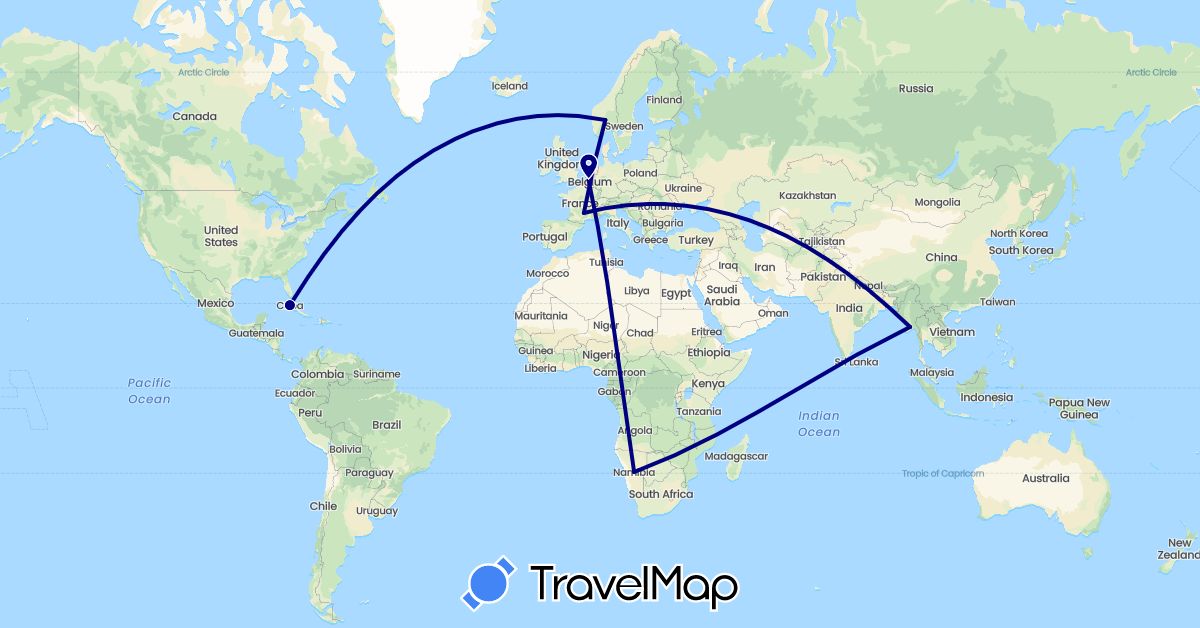 TravelMap itinerary: driving in Belgium, Cuba, France, Myanmar (Burma), Namibia, Norway (Africa, Asia, Europe, North America)